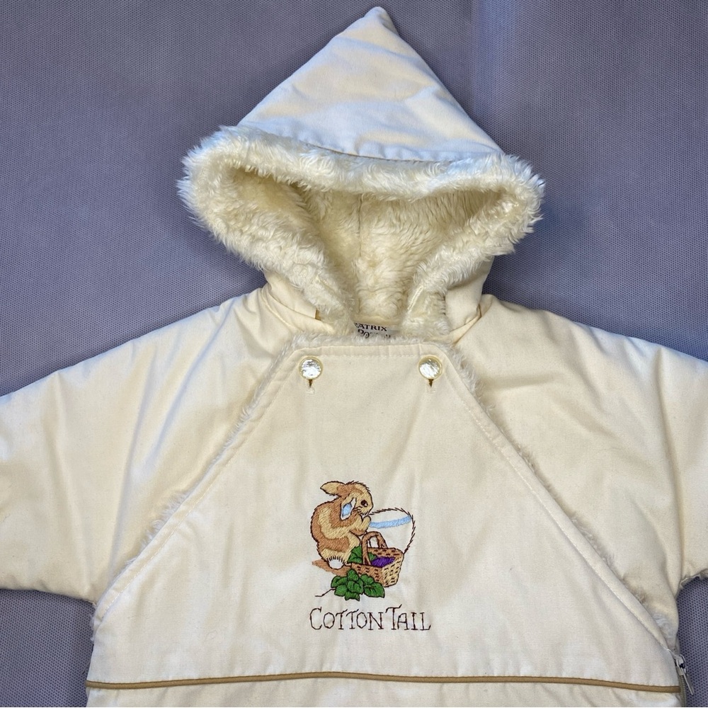VTG Beatrix Potter Quiltex Baby Bunting Snowsuit Peter Rabbit Embroidery Ivory